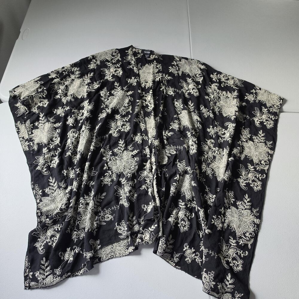 Karen Kane Kimono Blouse Womens M/L Black Floral Embroidered Boho Open Front